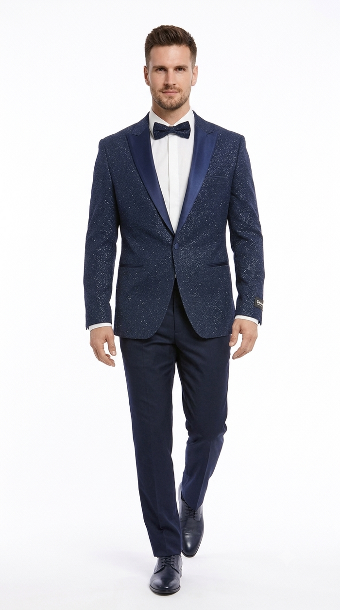 Mens Navy Blue Tuxedo Sparkly Shiny Dinner Jacket + Pants