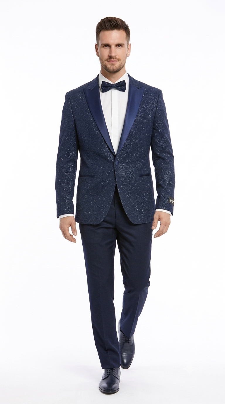 Mens Navy Blue Tuxedo Sparkly Shiny Dinner Jacket + Pants