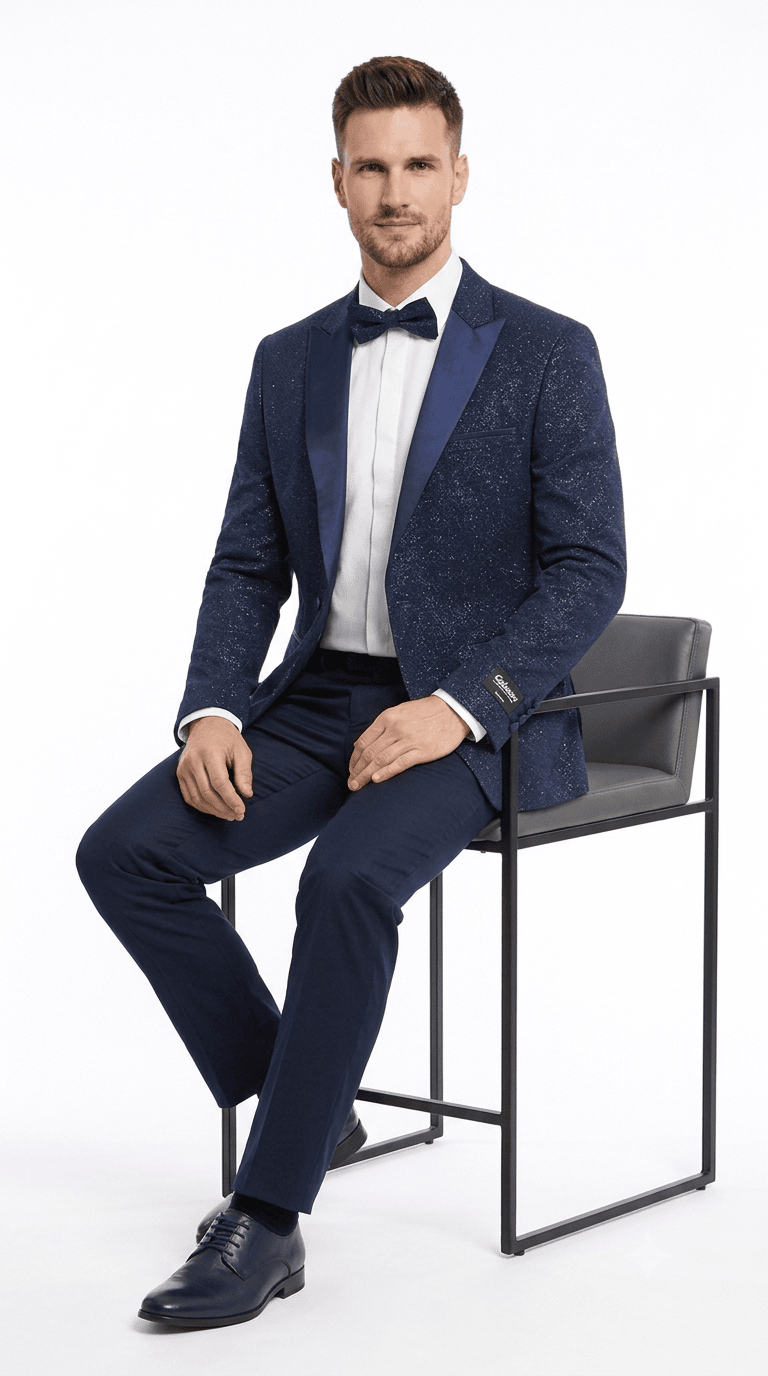 Mens Navy Blue Tuxedo Sparkly Shiny Dinner Jacket + Pants