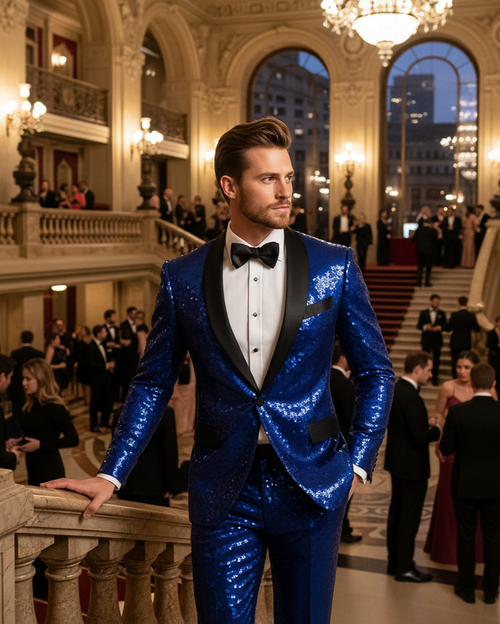Sequin Suit - Shiny Suit - Royal Blue Suit - Metallic Fabric suit - Stage Tuxedo - Groom Suit Jacket + Pants