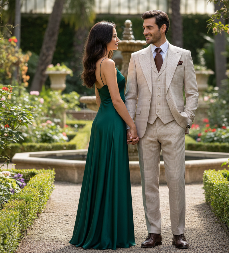 Men’s Cream Beige Windowpane 3-Piece Suit Set – Premium Tailored Fit Formal Wedding & Event Plaid Suit Light Cream Sand Color By Rossiman RM2314