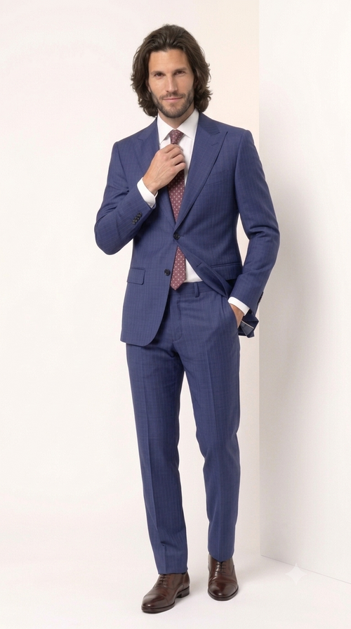 Statement Men's Modern Fit 2 Piece 100% Super 200 Wool Suit Peak Lapel in Navy - image 6