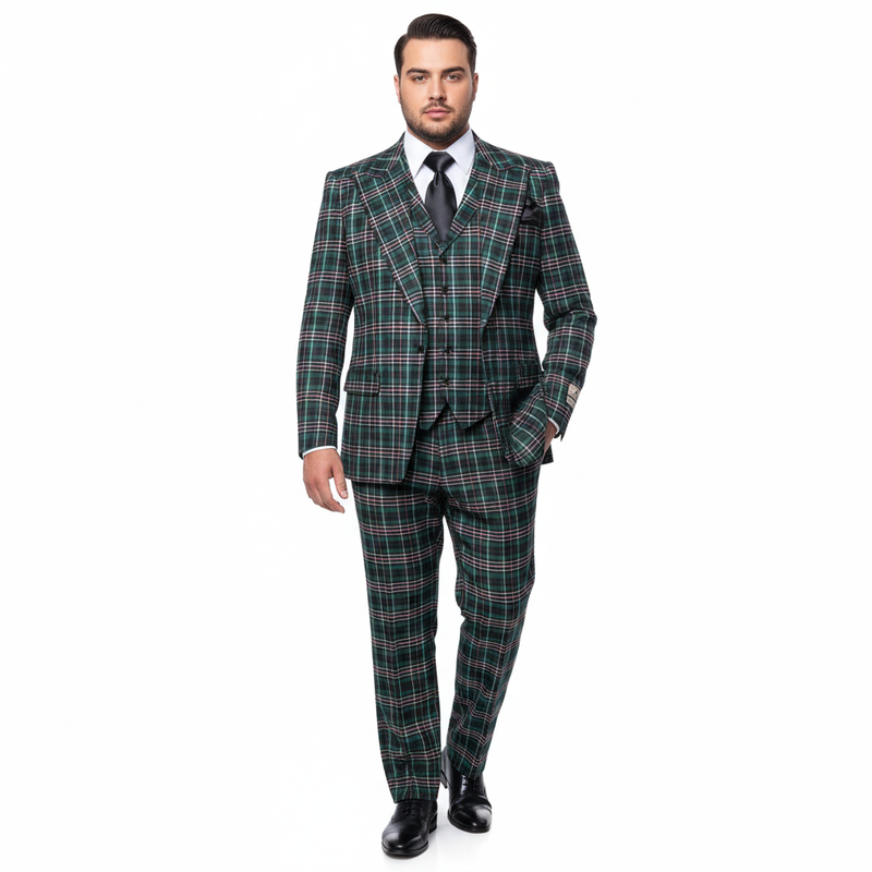 Men’s Green Tartan Plaid 3-Piece Suit Set – Premium Regular Fit Formal Check Pattern Wedding & Holiday Event Suit By Rossiman RM2311