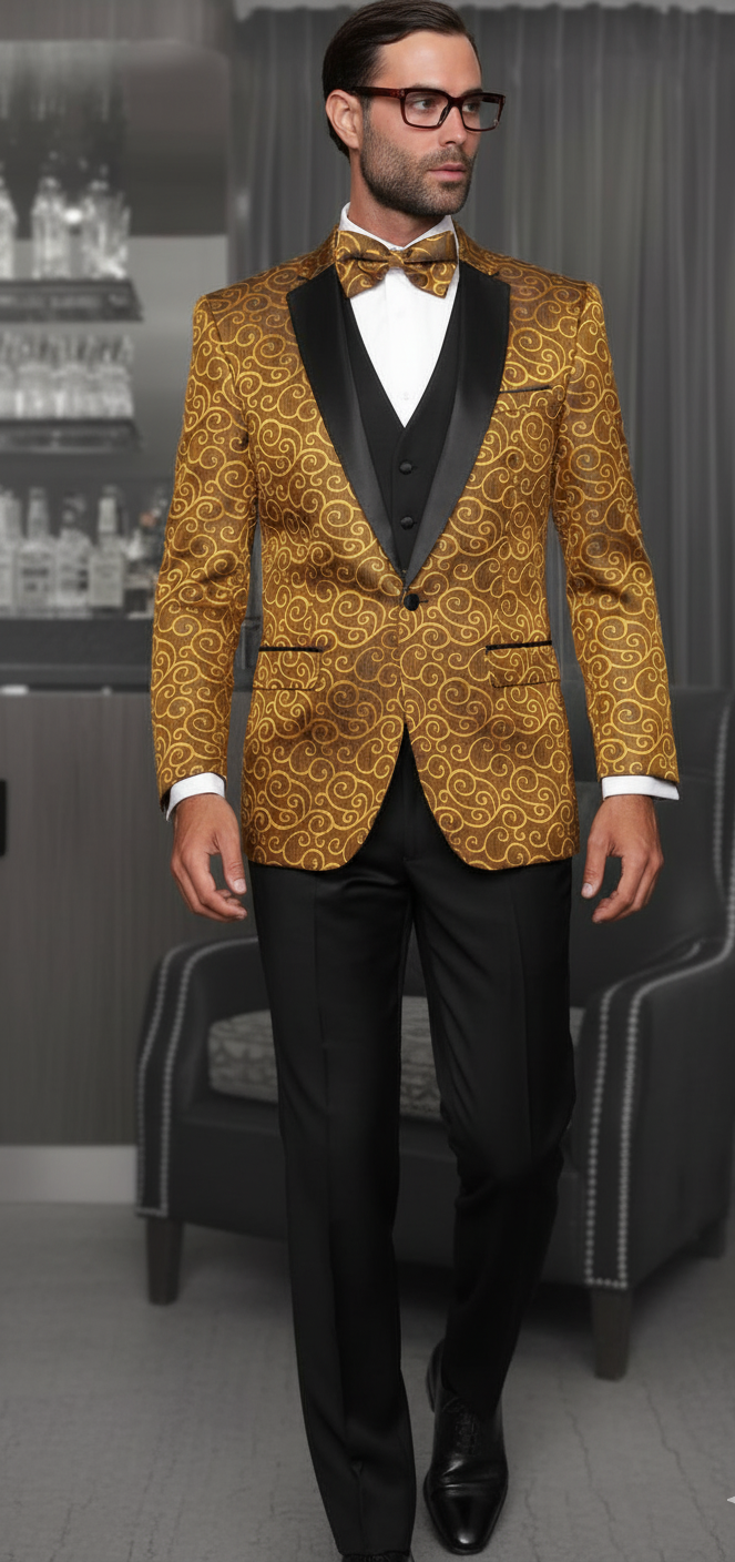Big and Tall Size Tuxedo Dinner Jacket - Paisley Fabric Blazer in Color Gold