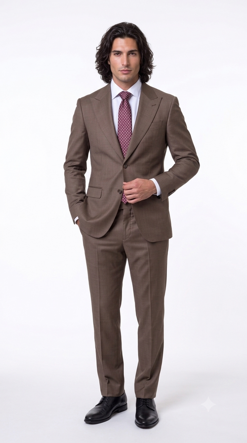 Statement Men's Modern Fit 2 Piece 100% Super 200 Wool Suit Peak Lapel in Taupe - image 7