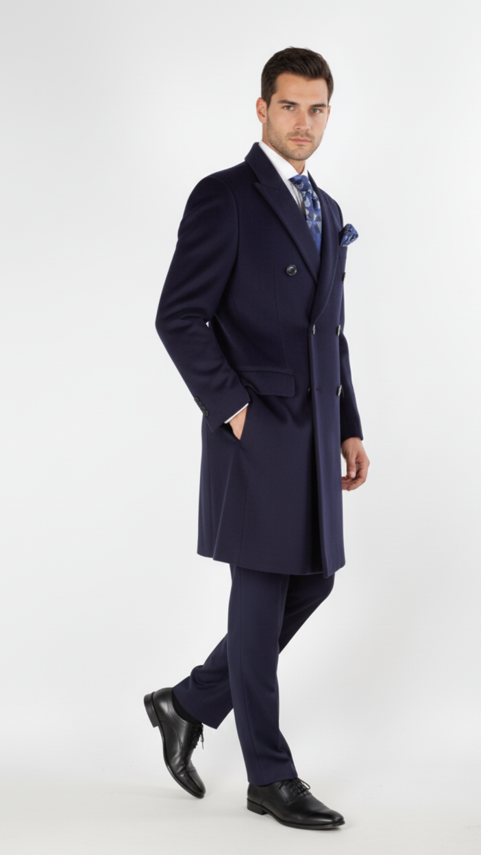 "Sophisticated Navy Wool Overcoat for Prom Nights and Wedding Celebrations"