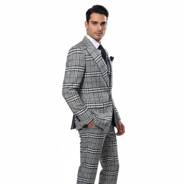Men’s Black & White Plaid 3-Piece Suit Set – Premium Slim Tailored Fit Formal Wedding, Party & Business Suit by Rossiman RM2310