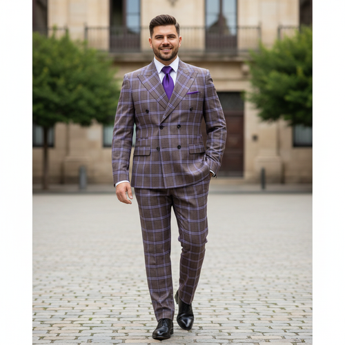 Men’s Purple Windowpane Suit – Premium Milano Fit Formal & Casual Wear By Rossi Man RM1846