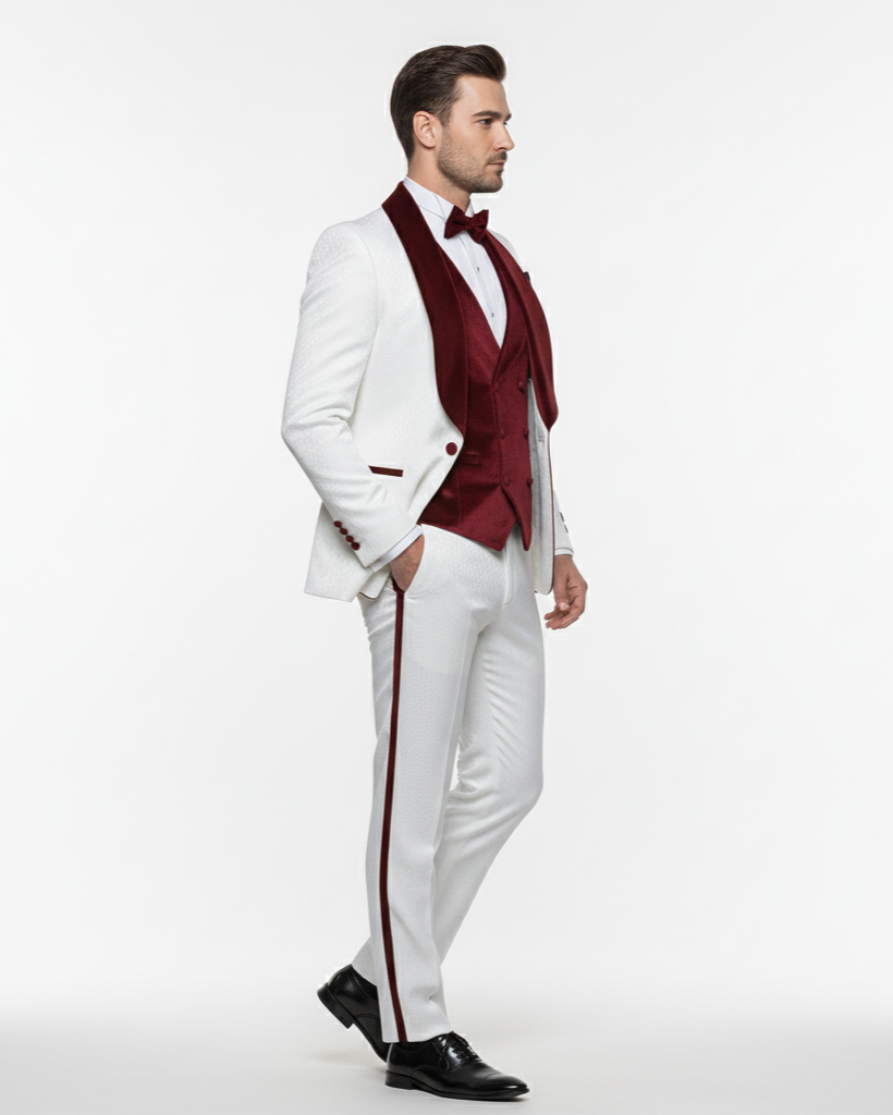 White with Burgundy Velvet Lapel 3-Piece Tailored-Fit Tuxedo