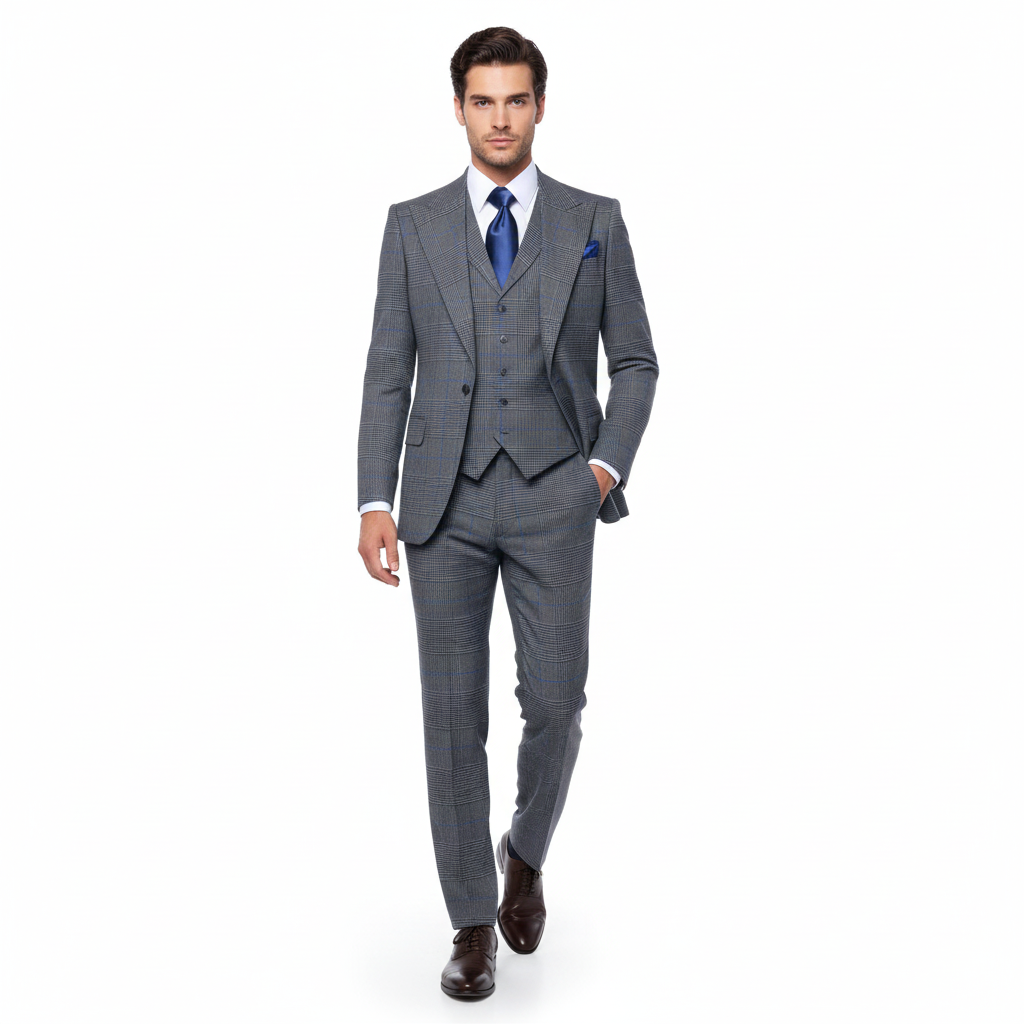Men’s Grey Super 150’s Wool 3-Piece Suit – Elite Contour Fit Wide-Lapel One-Button Luxury Formal Outfit By Rossi Man RM2312
