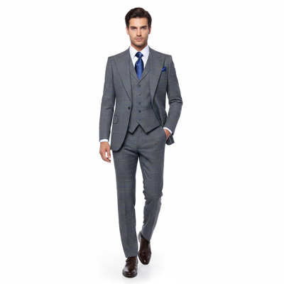 Men’s Grey Super 150’s Wool 3-Piece Suit – Elite Contour Fit Wide-Lapel One-Button Luxury Formal Outfit By Rossi Man RM2312