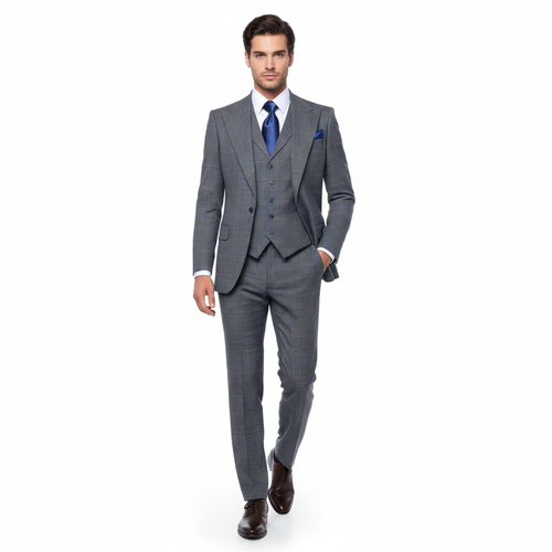 Men’s Grey Super 150’s Wool 3-Piece Suit – Elite Contour Fit Wide-Lapel One-Button Luxury Formal Outfit By Rossi Man RM2315