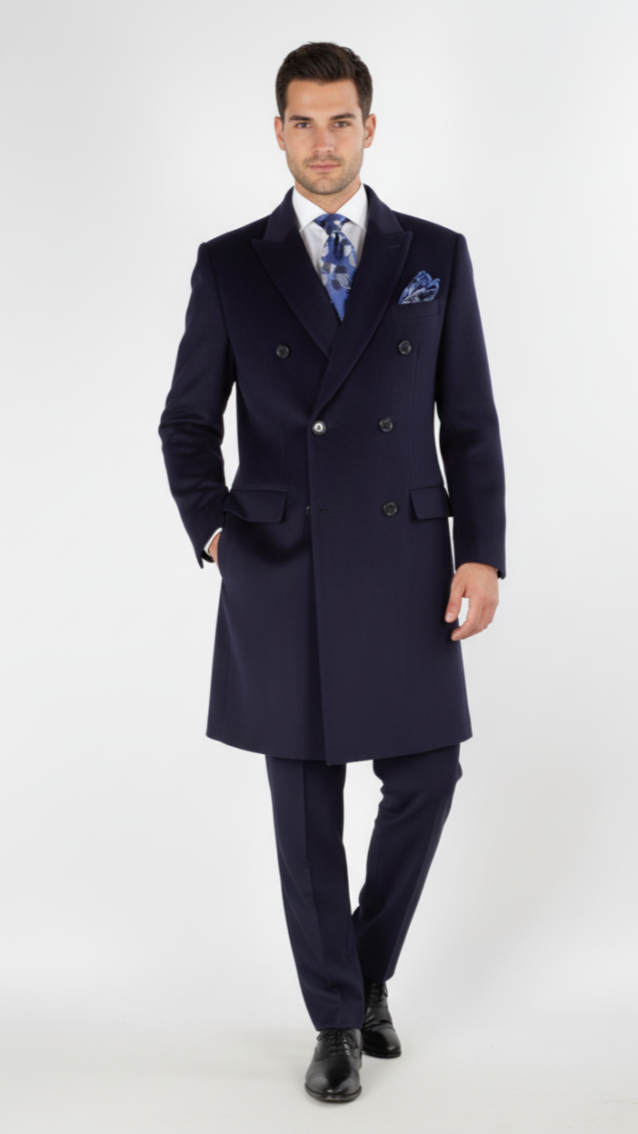 "Sophisticated Navy Wool Overcoat for Prom Nights and Wedding Celebrations"