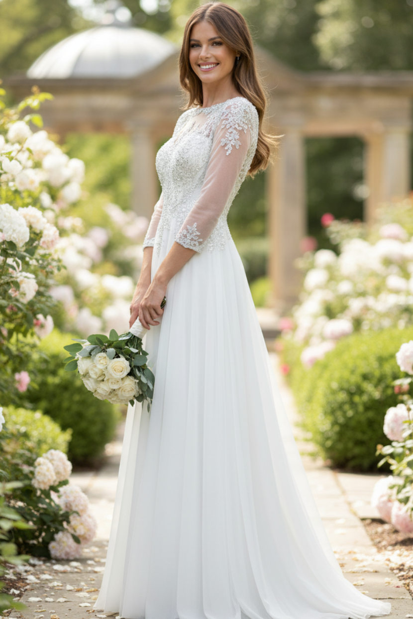 Embroidered 3/4 Sleeve Mother Of The Bride Dress Modest Evening Gown