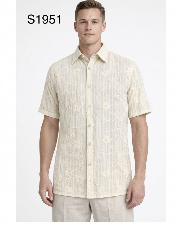 Men’s Cream Abstract Stripe Walking Suit Set, 2 Piece Short Sleeve Casual Shirt and Pants Outfit