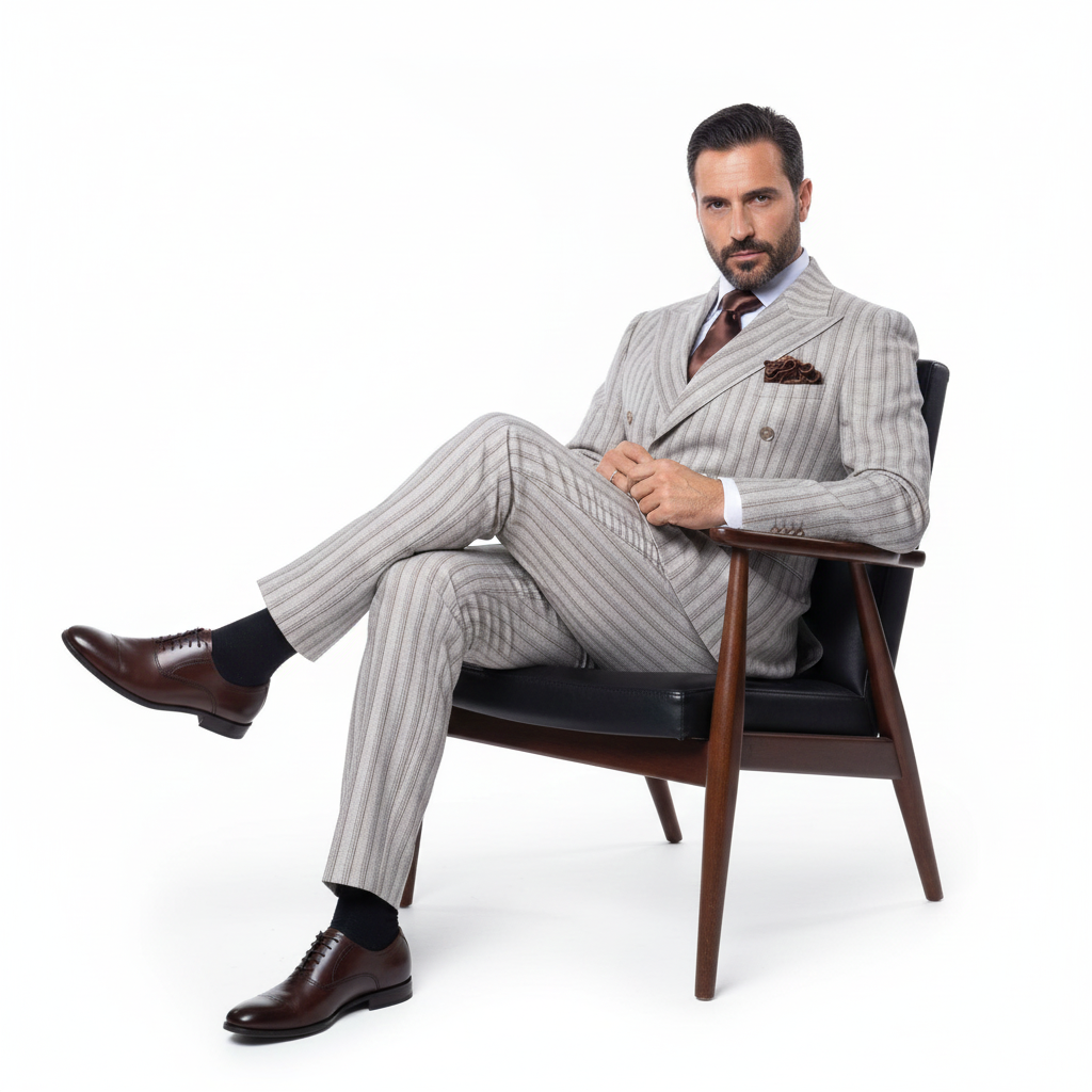 Men’s Brown Pinstripe Double-Breasted 2-Piece Suit – Slim Fit Premium Fabric Formal Business & Wedding Outfit By Rossi Man RM1845