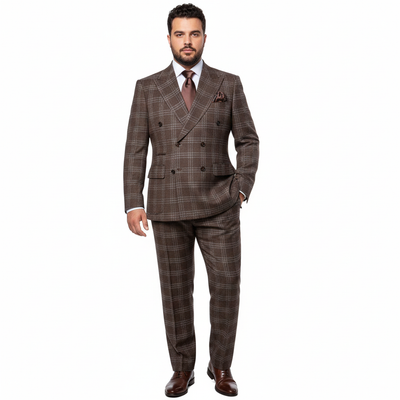 Men’s Brown Windowpane Double-Breasted 2-Piece Suit – Classic Tailored Fit Business & Formal Check Suit By Rossiman RM1798