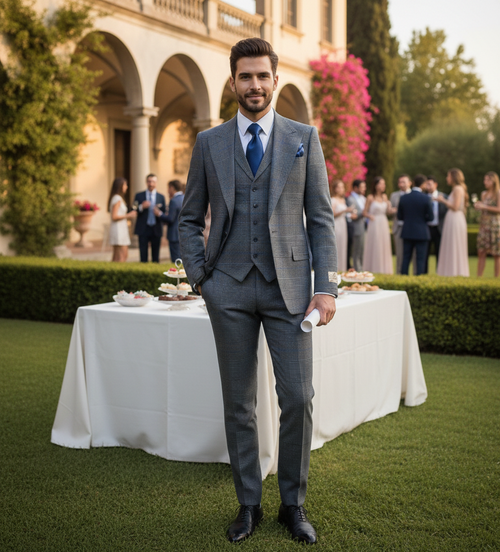 Men’s Grey Super 150’s Wool 3-Piece Suit – Elite Contour Fit Wide-Lapel One-Button Luxury Formal Outfit By Rossi Man RM2315