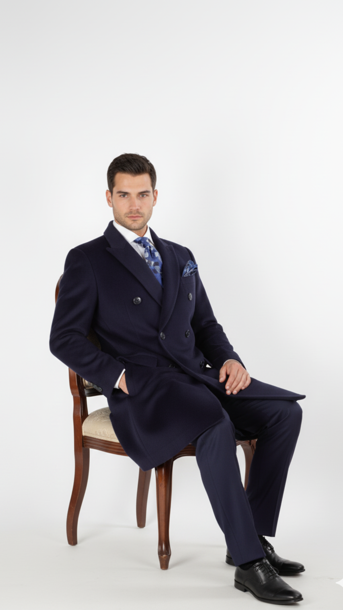 "Sophisticated Navy Wool Overcoat for Prom Nights and Wedding Celebrations"