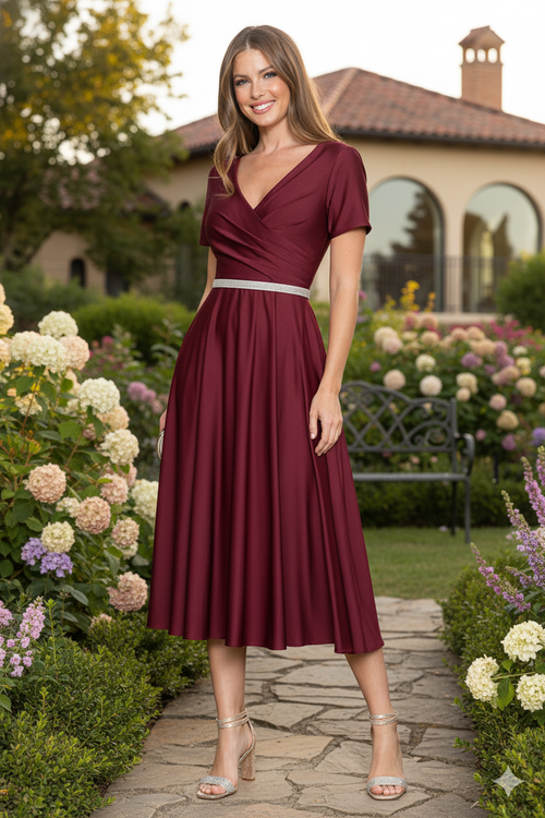 Lenovia 5274 V-Neck Short Sleeve Midi Cocktail Dress with Rhinestone Waist Formal & Wedding Guest Attire