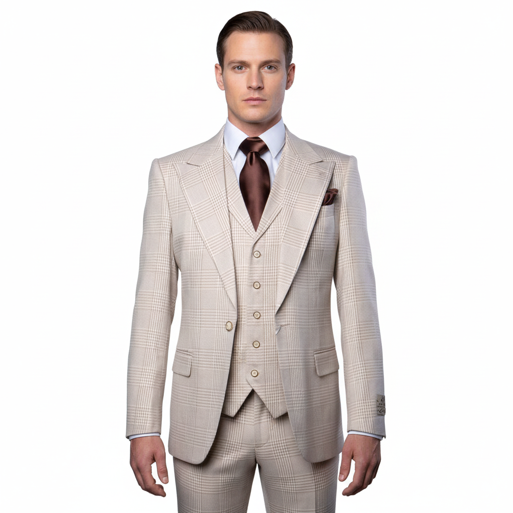 Men’s Cream Beige Windowpane 3-Piece Suit Set – Premium Tailored Fit Formal Wedding & Event Plaid Suit Light Cream Sand Color By Rossiman RM2314