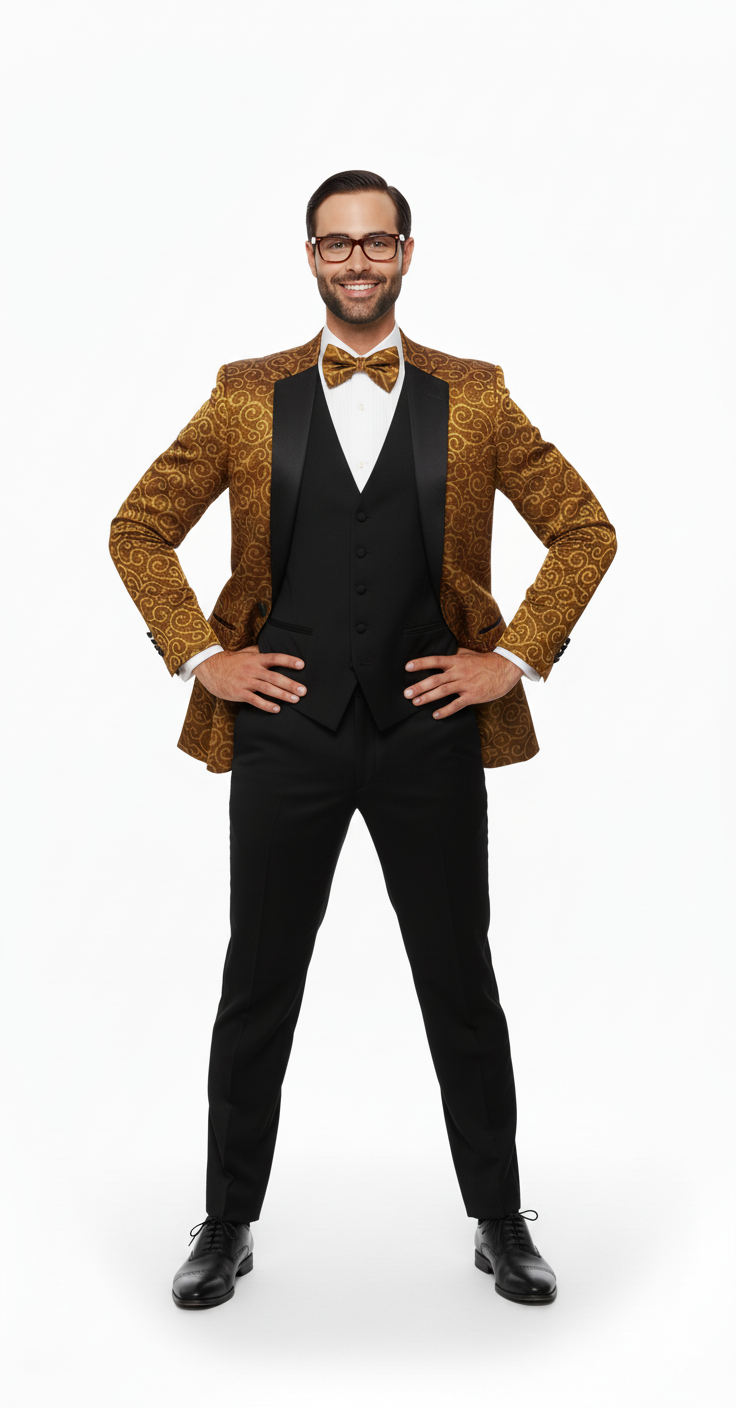 Big and Tall Size Tuxedo Dinner Jacket - Paisley Fabric Blazer in Color Gold
