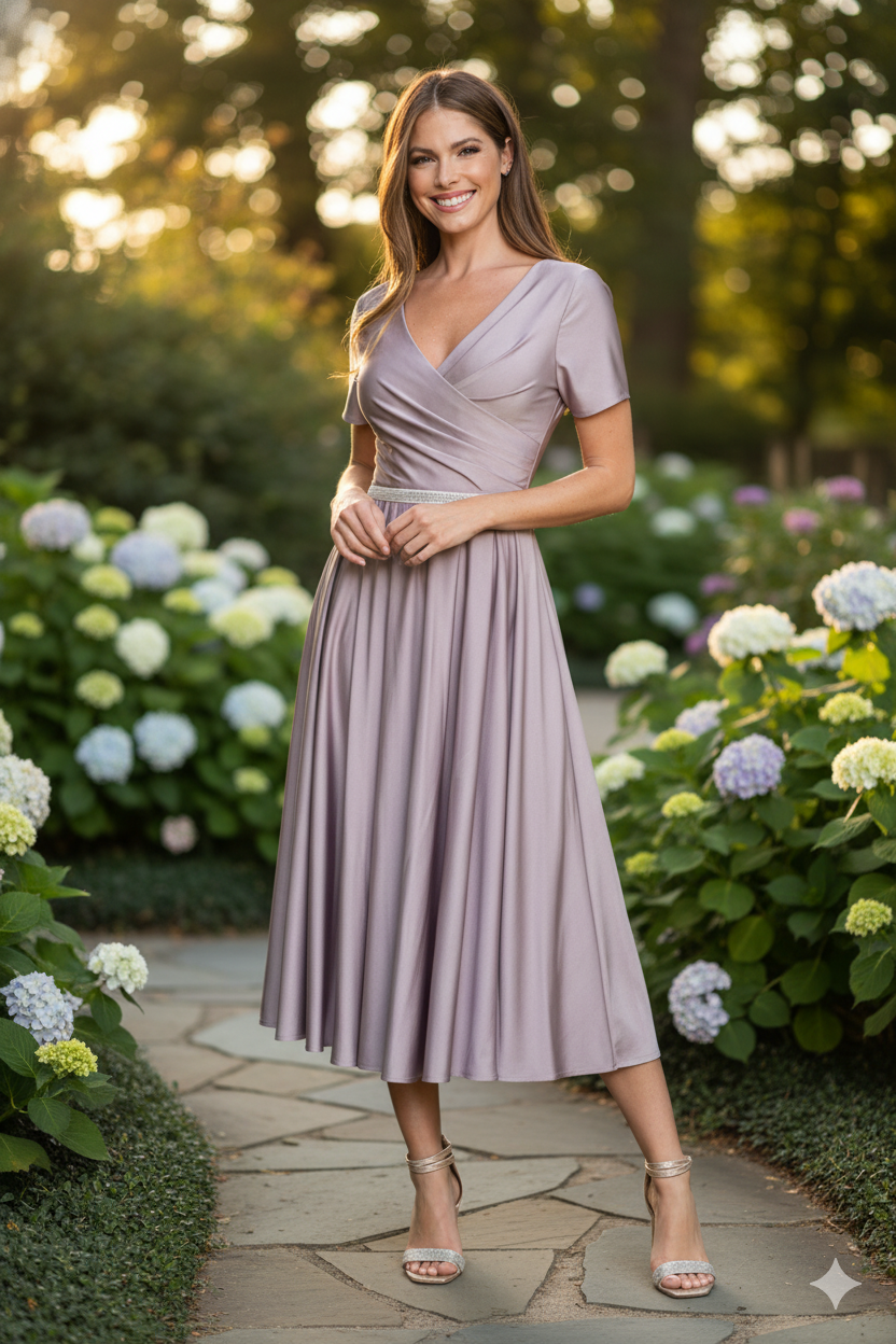 Lenovia 5274 V-Neck Short Sleeve Midi Cocktail Dress with Rhinestone Waist Formal & Wedding Guest Attire