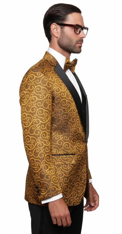 Big and Tall Size Tuxedo Dinner Jacket - Paisley Fabric Blazer in Color Gold