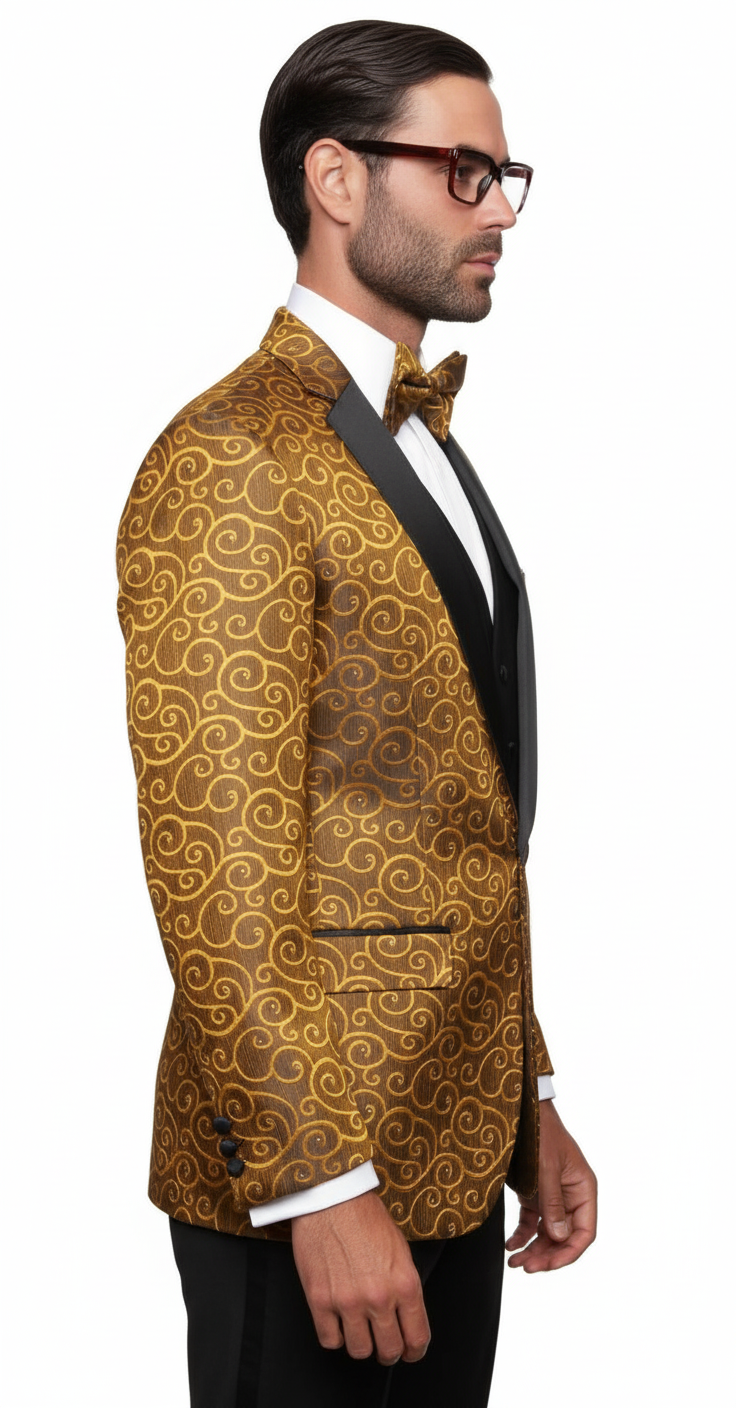 Big and Tall Size Tuxedo Dinner Jacket - Paisley Fabric Blazer in Color Gold