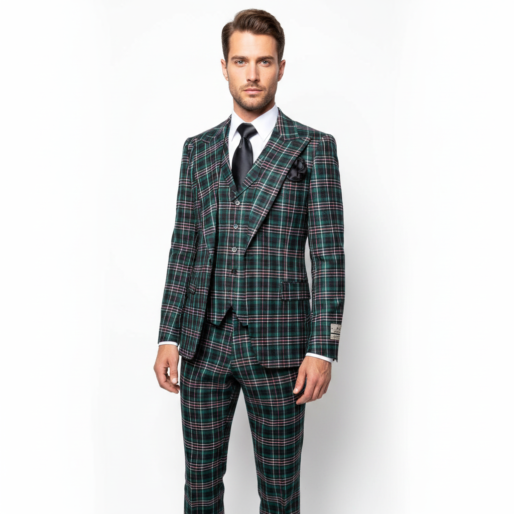 Men’s Green Tartan Plaid 3-Piece Suit Set – Premium Regular Fit Formal Check Pattern Wedding & Holiday Event Suit By Rossiman RM2311