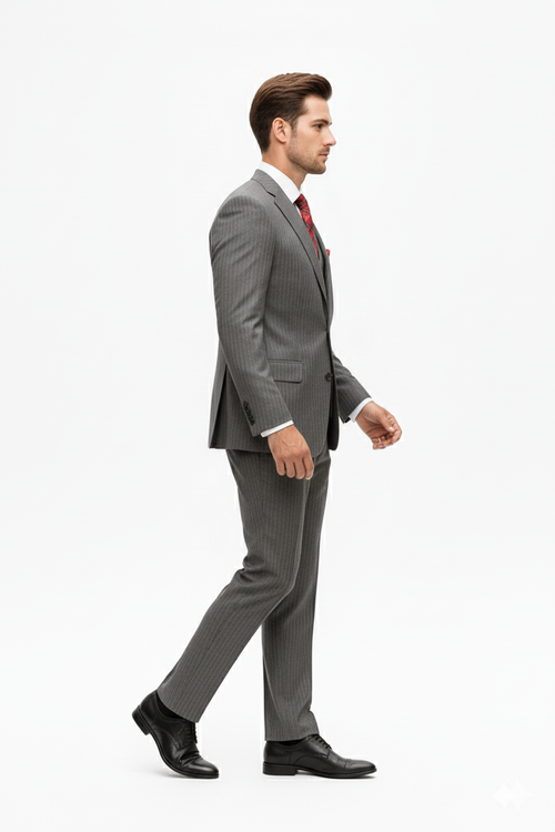"Elevate Your Prom or Wedding Style: Vinci's Classic Pinstripe Suit with Pleated Pants in Sophisticated Gray"