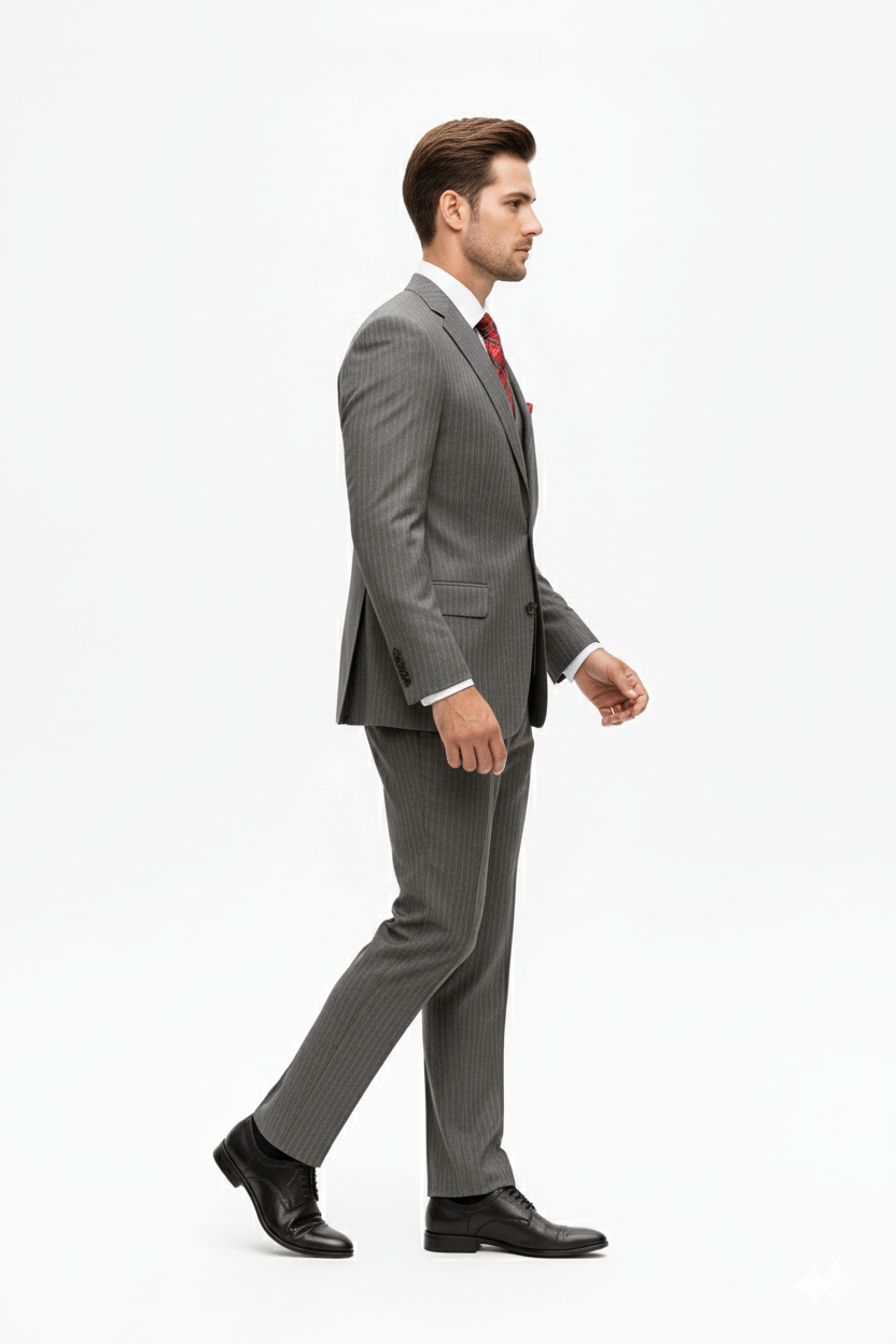 "Elevate Your Prom or Wedding Style: Vinci's Classic Pinstripe Suit with Pleated Pants in Sophisticated Gray"