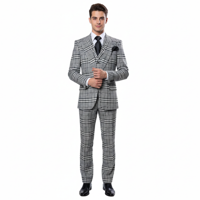 Men’s Black & White Plaid 3-Piece Suit Set – Premium Slim Tailored Fit Formal Wedding, Party & Business Suit by Rossiman RM2310
