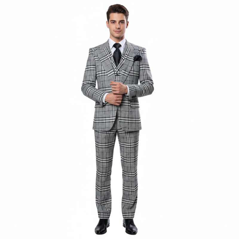 Men’s Black & White Plaid 3-Piece Suit Set – Premium Slim Tailored Fit Formal Wedding, Party & Business Suit by Rossiman RM2310