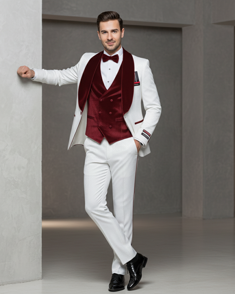 White with Burgundy Velvet Lapel 3-Piece Tailored-Fit Tuxedo
