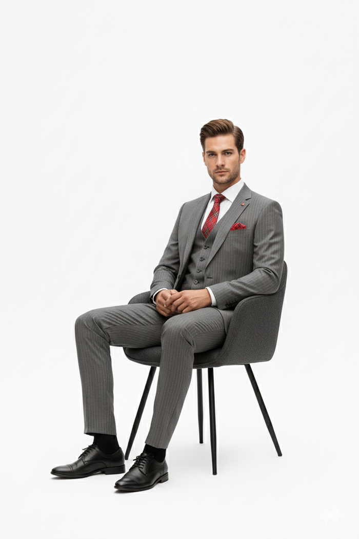 "Elevate Your Prom or Wedding Style: Vinci's Classic Pinstripe Suit with Pleated Pants in Sophisticated Gray"
