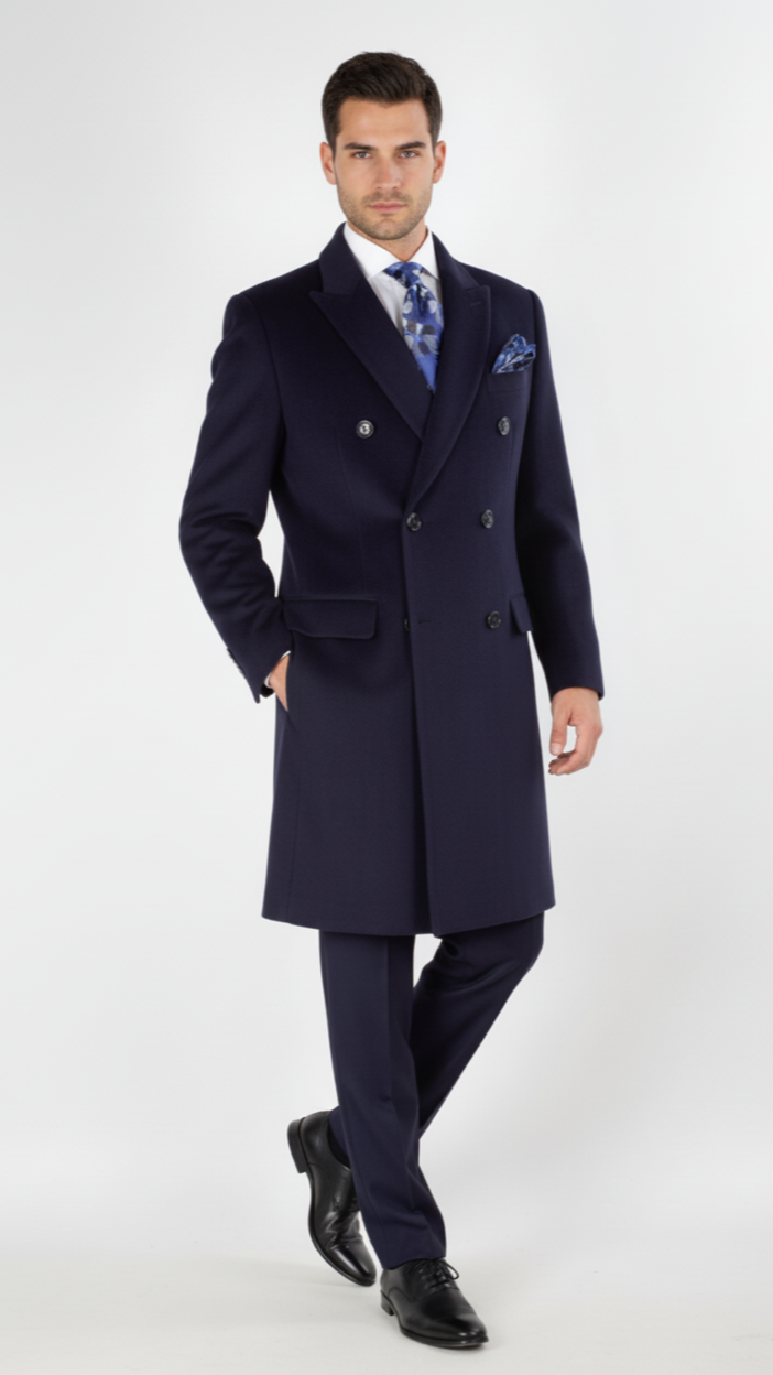 "Sophisticated Navy Wool Overcoat for Prom Nights and Wedding Celebrations"