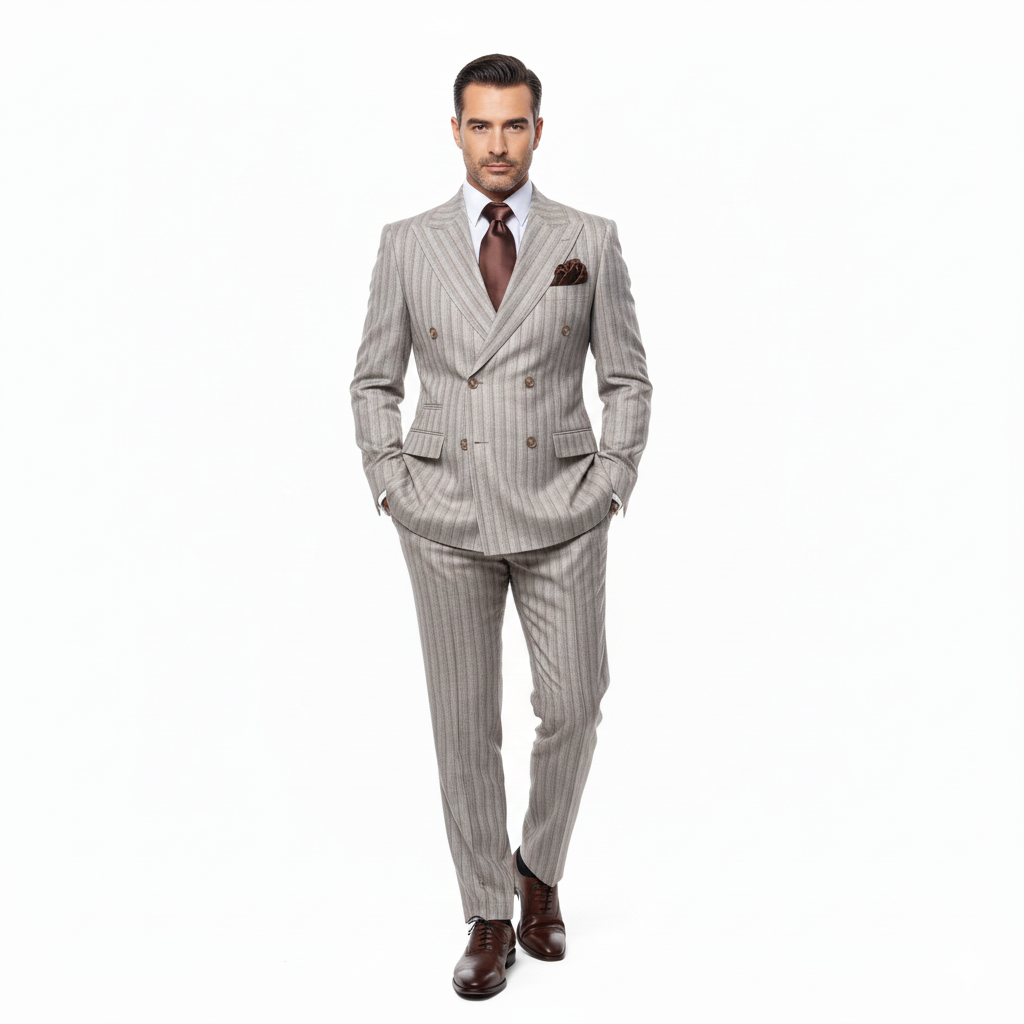 Men’s Brown Pinstripe Double-Breasted 2-Piece Suit – Slim Fit Premium Fabric Formal Business & Wedding Outfit By Rossi Man RM1845