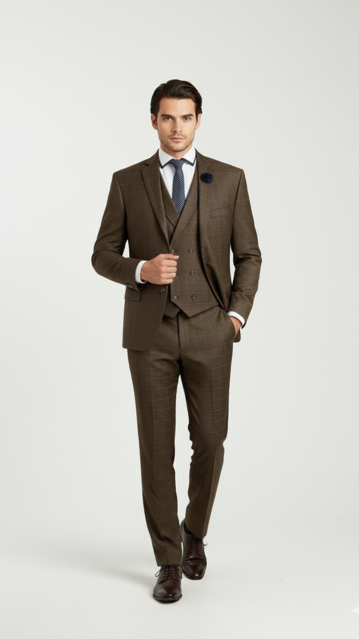 "Elevate Your Prom and Wedding Style: Vinci Men's Taupe Plaid Double-Breasted Suit Vest"