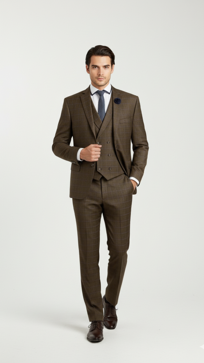 "Elevate Your Prom and Wedding Style: Vinci Men's Taupe Plaid Double-Breasted Suit Vest"