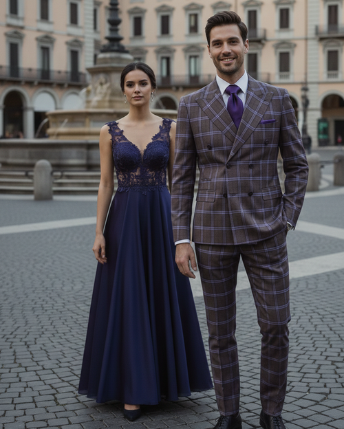 Men’s Purple Windowpane Suit – Premium Milano Fit Formal & Casual Wear By Rossi Man RM1846