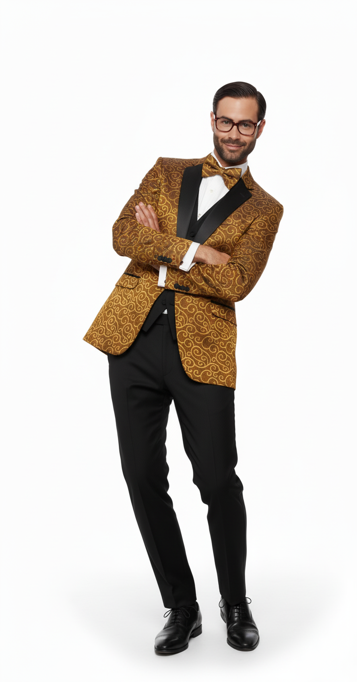 Big and Tall Size Tuxedo Dinner Jacket - Paisley Fabric Blazer in Color Gold