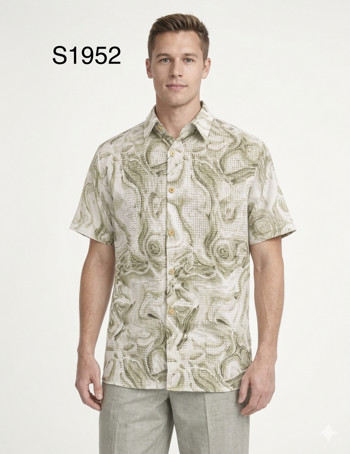 Men’s Sage Green Abstract Print Walking Suit Set, 2 Piece Short Sleeve Casual Shirt and Pants Outfit