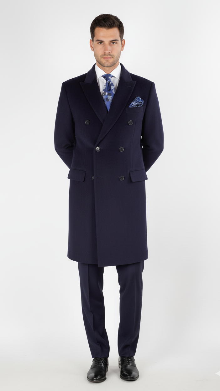 "Sophisticated Navy Wool Overcoat for Prom Nights and Wedding Celebrations"