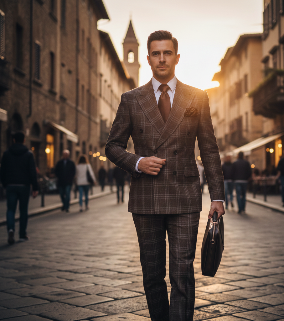 Men’s Brown Windowpane Double-Breasted 2-Piece Suit – Classic Tailored Fit Business & Formal Check Suit By Rossiman RM1798