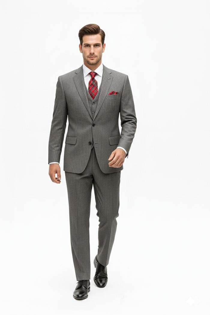 "Elevate Your Prom or Wedding Style: Vinci's Classic Pinstripe Suit with Pleated Pants in Sophisticated Gray"
