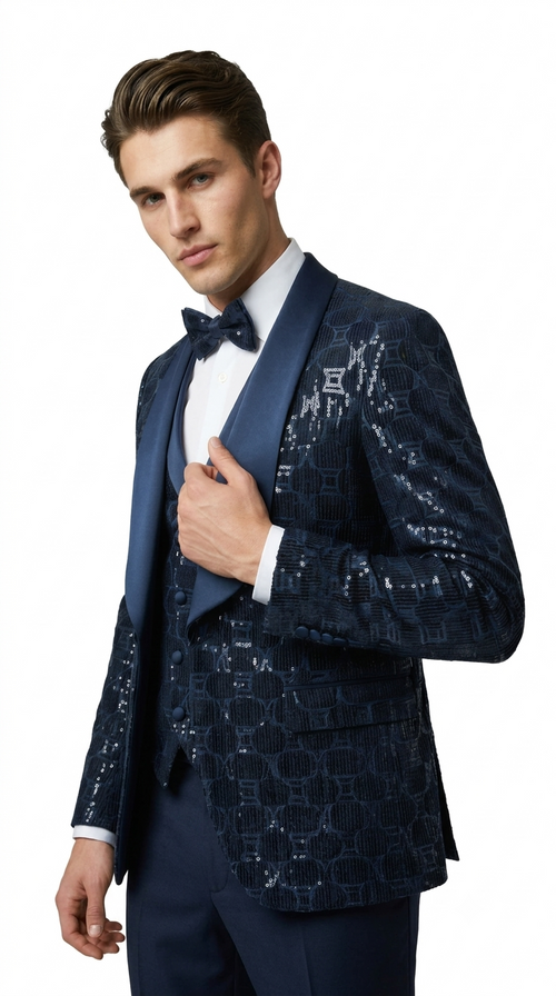 Men's Navy Blue Shiny Patterned Shawl Lapel Tuxedo Set for Wedding & Prom