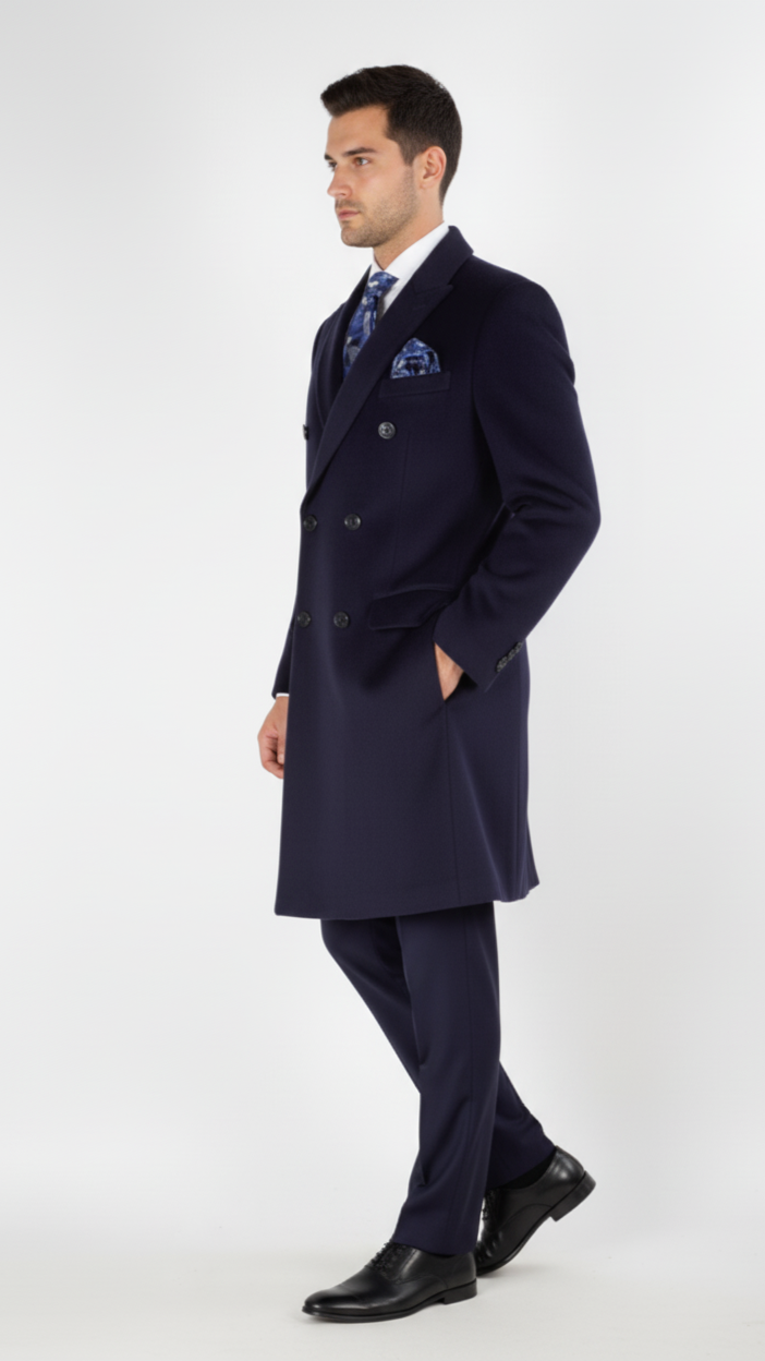 "Sophisticated Navy Wool Overcoat for Prom Nights and Wedding Celebrations"