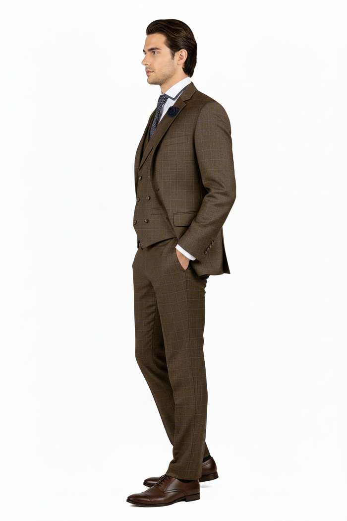"Elevate Your Prom and Wedding Style: Vinci Men's Taupe Plaid Double-Breasted Suit Vest"