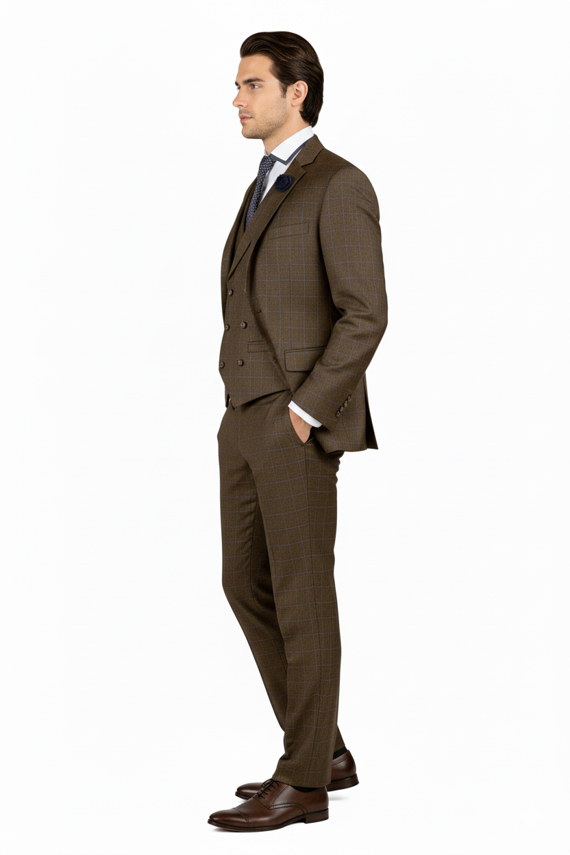 "Elevate Your Prom and Wedding Style: Vinci Men's Taupe Plaid Double-Breasted Suit Vest"